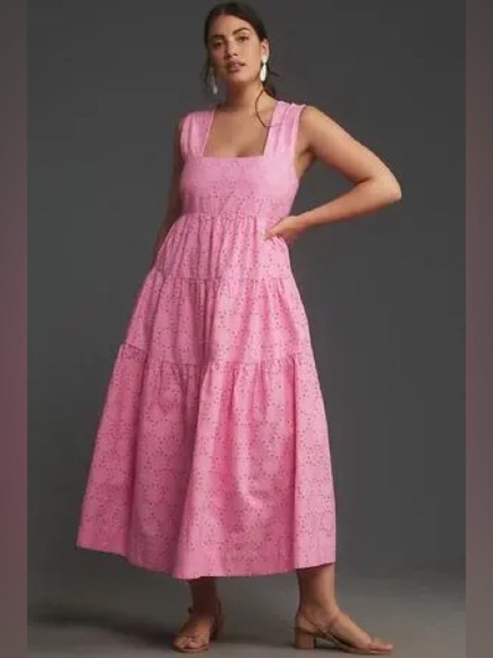 ANTHROPOLOGIE Square-Neck Eyelet Tiered Midi Dress Pink Sz: M